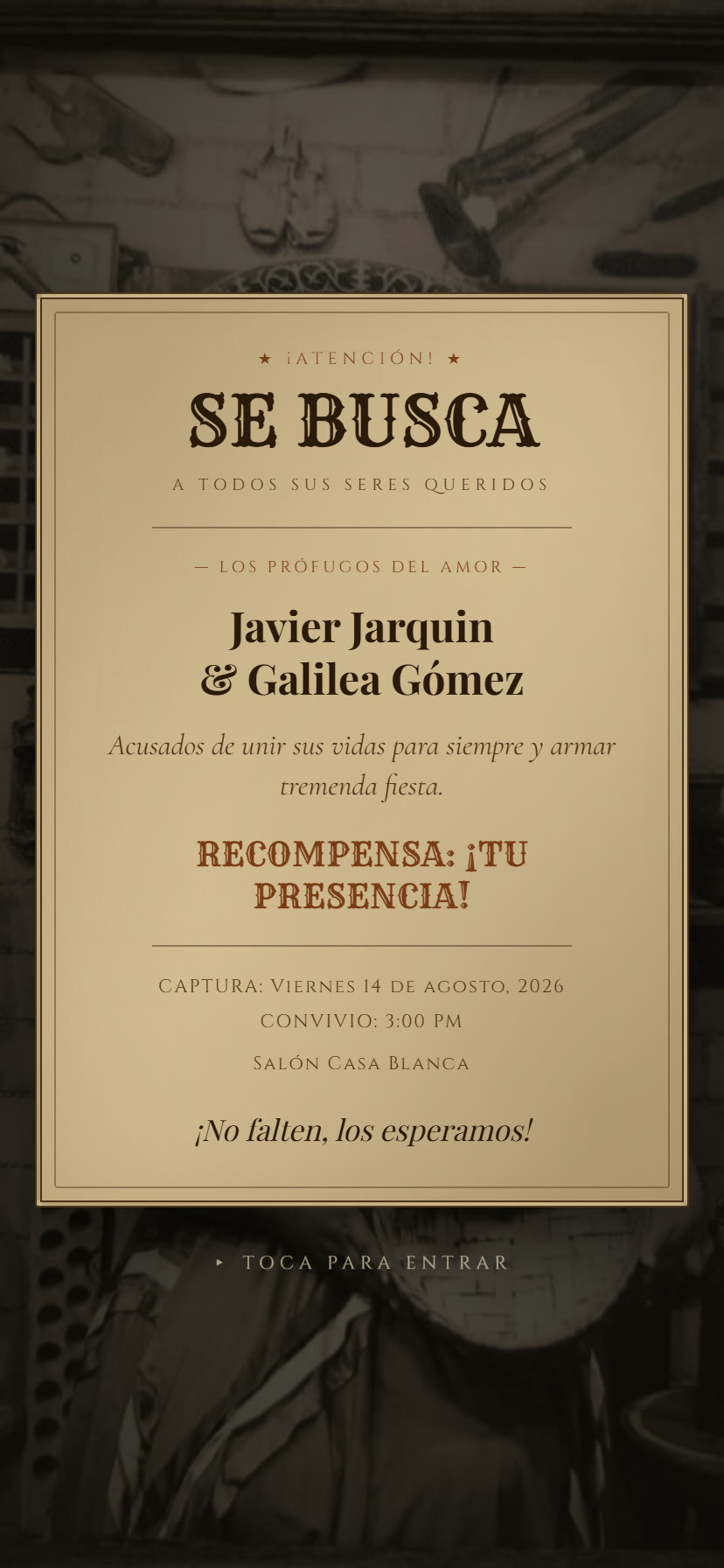 Portada de la invitación de Javier & Galilea, con temática de cartel de "se busca"